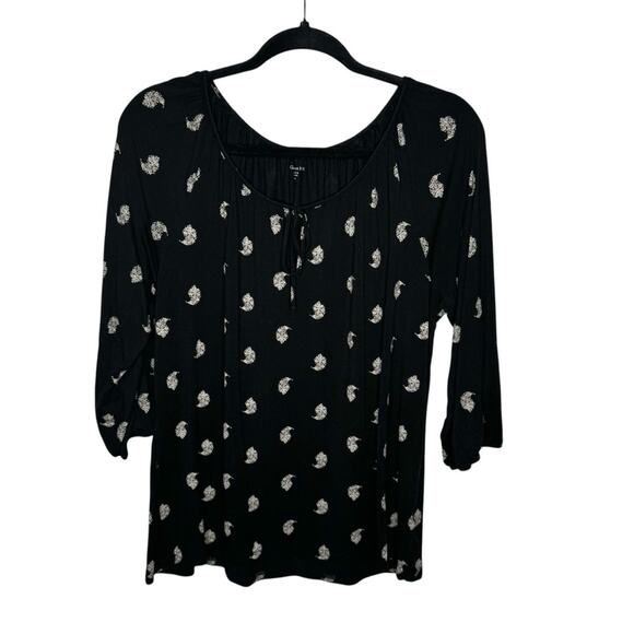 GARNET HILL / black white paisley feather printed 3/4 sleeve blouse top / M - Picture 1 of 7